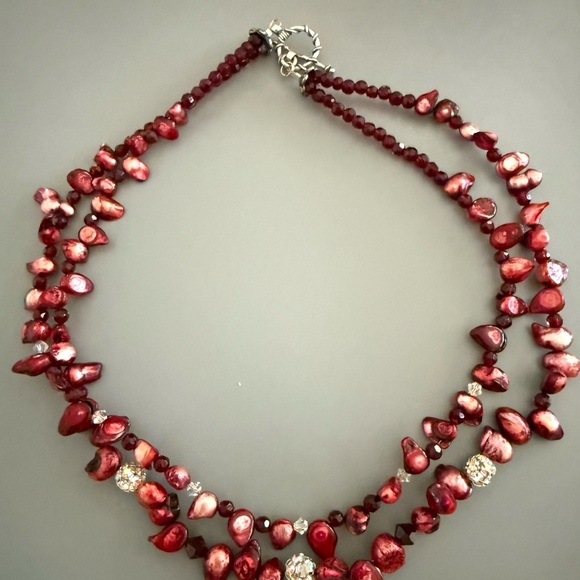 Vintage Cranberry Glass Sterling Silver Toggle Clasp Necklace - Picture 2 of 4